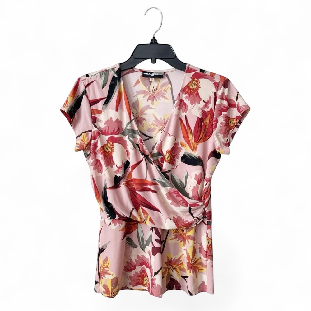 Karl Lagerfeld Paris Wrap Top Women's Size XS Pink Floral Print Peplum Flare